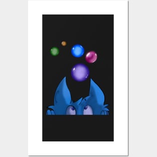 peekaboo cat with bubble planets in space - Blue cartoon funny cat playing peek a boo With colourful bubbles Posters and Art